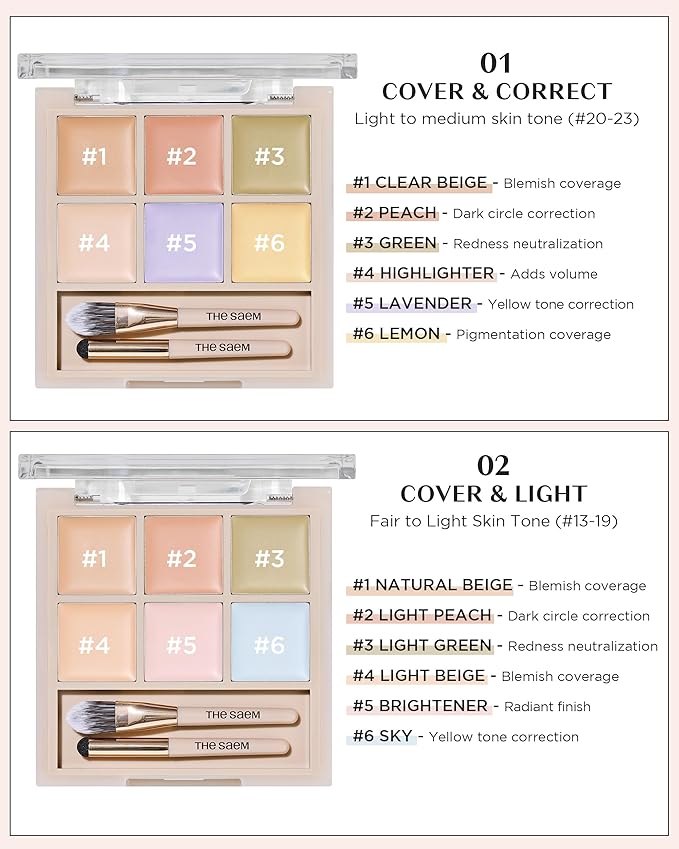 THESAEM Cover Perfection Concealer Palette 02 Cover&Light - Multi Use 6 Colors Correcting Conceal Palette - for Dark Circles, Imperfections, Face Tone Corrector, Ideal for Fair to Light Skin