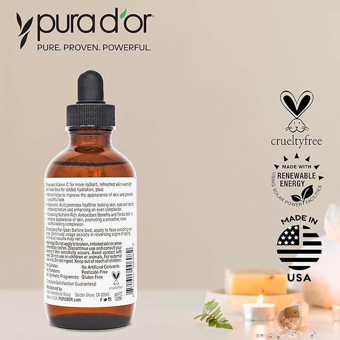 PURA D'OR 20% Vitamin C Serum 4 Oz - Lightweight Maximum Strength Formula - Retinol, Hyaluronic Acid, Ferulic Acid - Professional Grade Treatment For Face & Eyes, Wrinkles - Men & Women