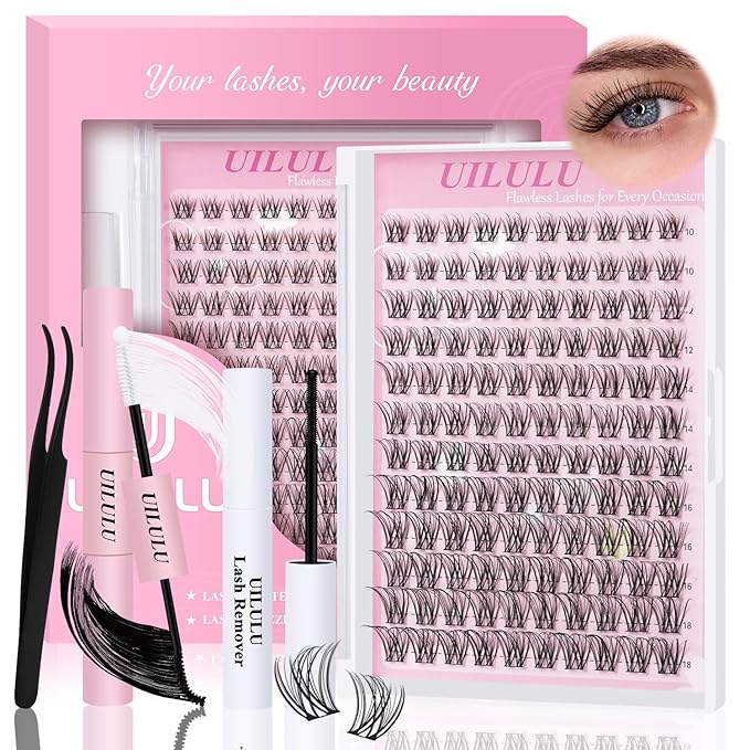 Natural Lash Clusters Kit 10-18mm Mix D Curl DIY Extension Eye Natural Lashes False Wispy EyeLash Cluster with Bond & Seal, Glue Remover, Tweezers(U26)