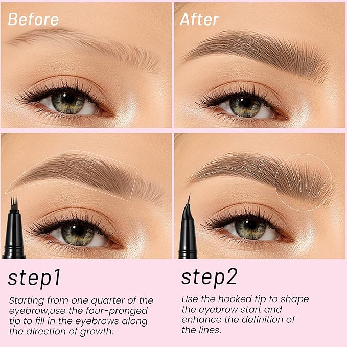 Eyebrow Pen, Waterproof Microblading Eyebrow Pencil, 2-in-1 Dual-Ended 4 Tip Eye Brow Makeup Pen for Women with Precise Curved Brush-Tip Create Natural Hair-Like Brows, Last All-Day (Natural Brown)