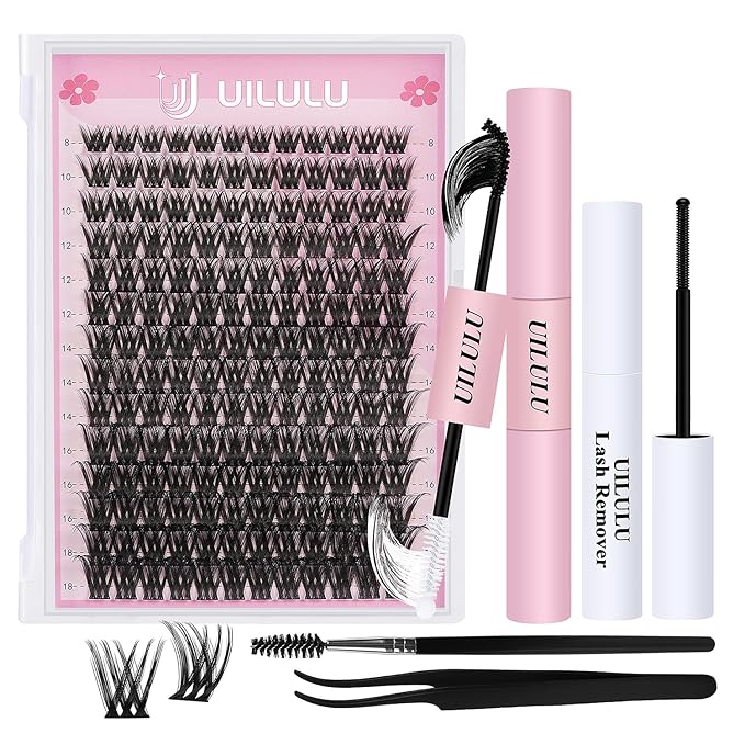 Lash Clusters Kit for DIY Lash Extension at Home, False Eyelashes Set with Bond Seal, Remover, Brush, Tweezers, D Curl Wispy Individual Clusters Lashes Eye Lash Extensions (U03 DIY Lash Kit)