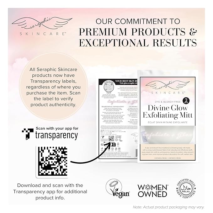 Seraphic Skincare (Original) Divine Glow Exfoliating Mitt (2pcs) – 100% Vegan Viscose Traditional Body Scrub Glove Kessa Korean Washcloth – Body Exfoliator for Self-Tan Removal & Keratosis Pilaris