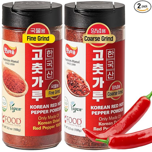 Korean Food 100% Korean Chili Powder Bundle – Fine (3.53oz / 100g) & Coarse (3.53oz / 100g) Red Pepper Powder for Soups, Stir-fry & Kimchi