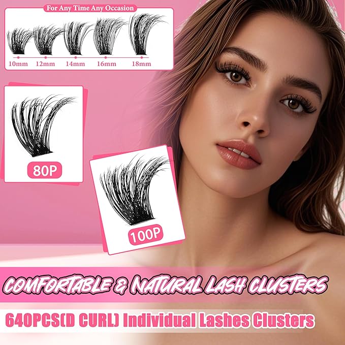 Gmagictobo Lash Clusters 80D 100D C Curl Lash Clusters Kit DIY Lash Extension Kit 640Pcs 10-18MM Individual Lashes Clusters Eyelash Extensions with Lash Bond and Seal Lash Tweezers
