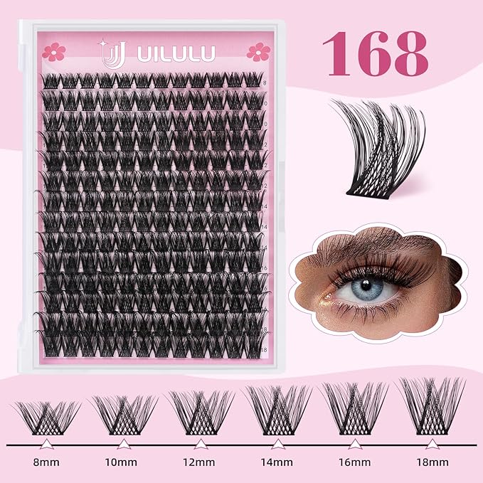 Lash Clusters Kit for DIY Lash Extension at Home, False Eyelashes Set with Bond Seal, Lash Remover, Brush, Tweezers, D Curl Wispy Individual Clusters Eye Lash Extensions (U04 DIY Lash Kit)