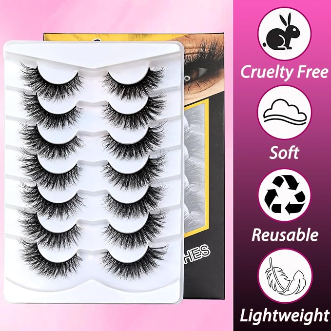 Veleasha Eyelashes Fluffy and Lightweight Fake Eyelashes Natural Look Wispy Faux Mink Lashes 7 Pairs Pack 100% Handmade Luxury Cat Eye Lashes (614)