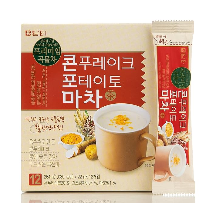 Damtuh Misugaru – Korean Meal Replacement Breakfast Cereal Powder with Corn Flakes, Potato Flakes & Yam Tea, Instant Mixed Grain Powder Drink, 22g x 12 Sticks