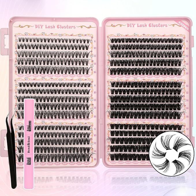 Gmagictobo Lash Clusters DIY Lash Clusters Kit Volume Lash Extension Kit 570Pcs Individual Lashes Clusters Thin Band Eyelash Extension Kit Lash Bond and Seal Lash Tweezers