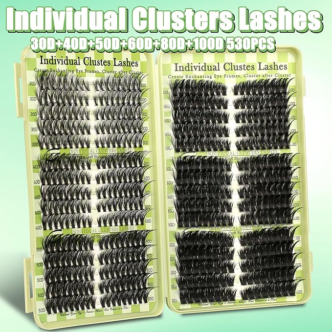 Gmagictobo Lash Clusters Cat Eye Lash Clusters Kit Volume DIY Individual Lashes Clusters Lash Extension Kit 530Pcs Thin Band Wispy Lash Clusters Lash Bond and Seal Lash Tweezers