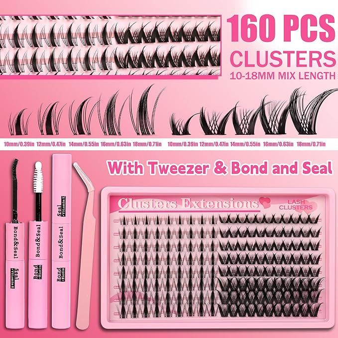 Gmagictobo Manga Lash Clusters Kit Spiky Lashes Clusters Fairy Lash Clusters Wet-Look Anime Lashes Pack 160 Pcs C/D Curl Individual Lashes Lash Bond and Seal Lash Tweezers