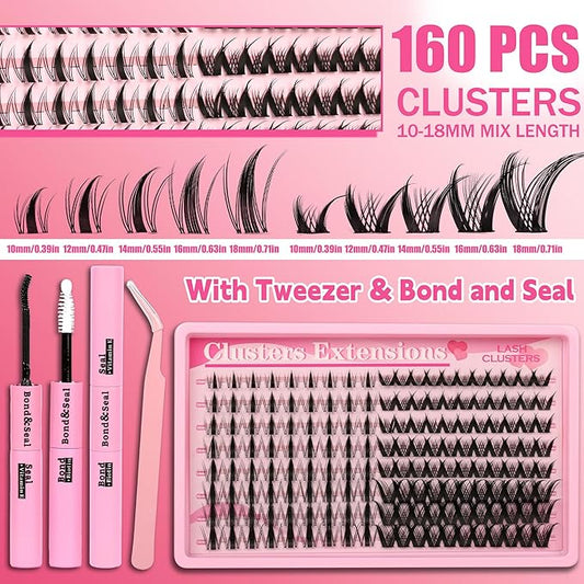 Gmagictobo Manga Lash Clusters Kit Spiky Lashes Clusters Fairy Lash Clusters Wet-Look Anime Lashes Pack 160 Pcs C/D Curl Individual Lashes Lash Bond and Seal Lash Tweezers