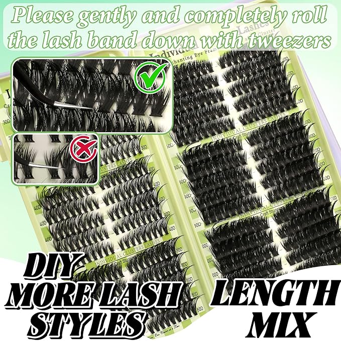 Gmagictobo Lash Clusters Cat Eye Lash Clusters Kit Volume DIY Individual Lashes Clusters Lash Extension Kit 530Pcs Thin Band Wispy Lash Clusters Lash Bond and Seal Lash Tweezers