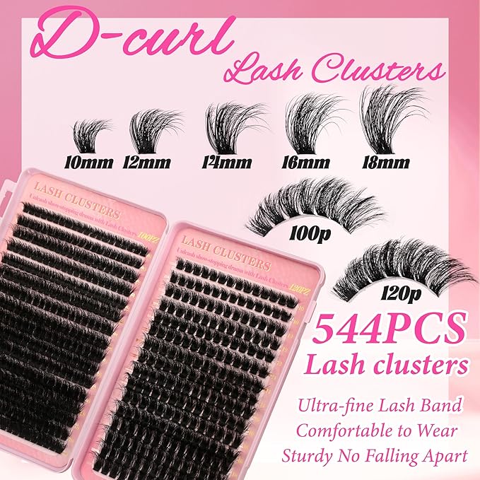 Gmagictobo Cluster Eyelash Extensions Wispy Lash Clusters Kit 544Pcs Volume 100D 120D Eyelash Clusters D Curl Lashes Clusters DIY Individual Lashes Clusters Lash Cluster Glue Lash Tweezers