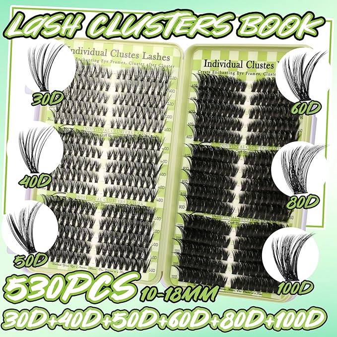 Gmagictobo Lash Clusters Cat Eye Lash Clusters Kit Volume DIY Individual Lashes Clusters Lash Extension Kit 530Pcs Thin Band Wispy Lash Clusters Lash Bond and Seal Lash Tweezers