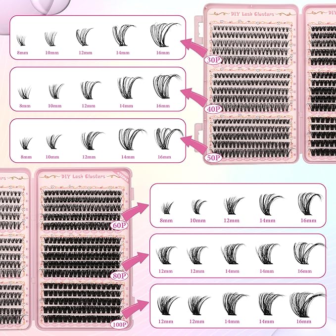 Gmagictobo Lash Clusters DIY Lash Clusters Kit Volume Lash Extension Kit 570Pcs Individual Lashes Clusters Thin Band Eyelash Extension Kit Lash Bond and Seal Lash Tweezers