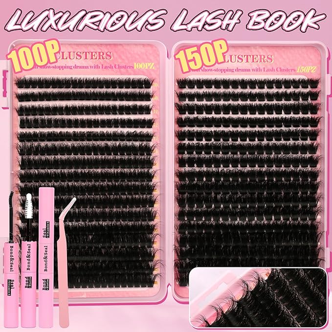 Gmagictobo Lash Clusters Kit 560Pcs Cluster Eyelash Extensions Volume 100D 150D Eyelash Clusters D Curl Lashes Clusters DIY Individual Lash Clusters Eyelash Glue Lash Tweezers