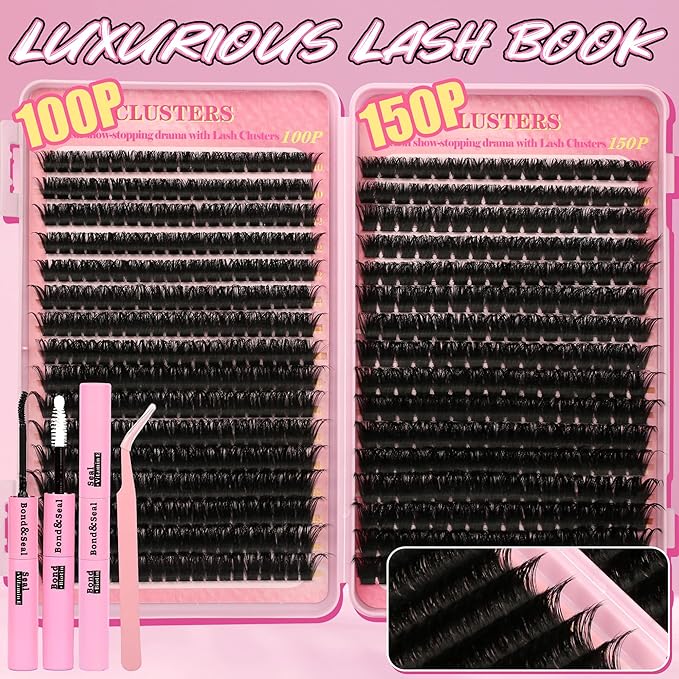 Gmagictobo Lash Clusters Kit Cluster Eyelash Extensions 560Pcs Volume 100D 150D Lashes Clusters D Curl Eyelash Clusters DIY Individual Lash Clusters Eyelash Glue Lash Tweezers