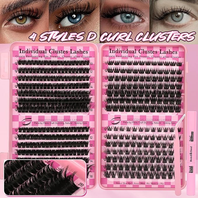 Gmagictobo Lash Clusters Wispy Lash Clusters Kit Volume Cluster Eyelash Extensions 434Pcs Eyelash Clusters DIY Lashes Clusters Lash Bond and Seal Lash Tweezers