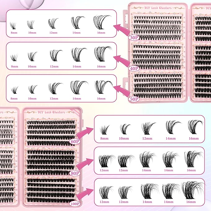 Gmagictobo DIY Lash Clusters Kit Volume Lash Clusters Thick Eyelash Extension Kit Individual Lashes Thin Band Lashes Clusters Lash Bond and Seal Lash Tweezers