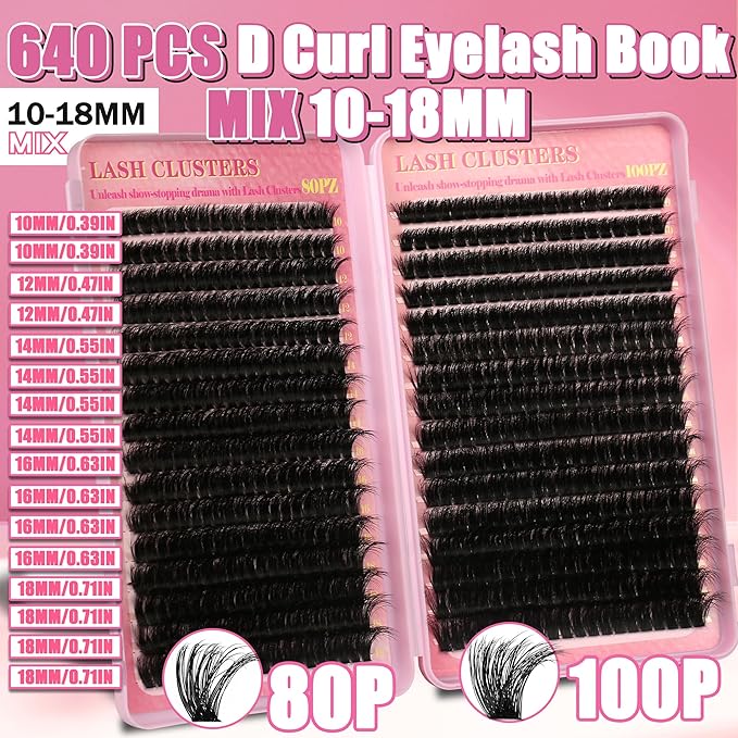 Gmagictobo Lash Clusters 80D 100D C Curl Lash Clusters Kit DIY Lash Extension Kit 640Pcs 10-18MM Individual Lashes Clusters Eyelash Extensions with Lash Bond and Seal Lash Tweezers