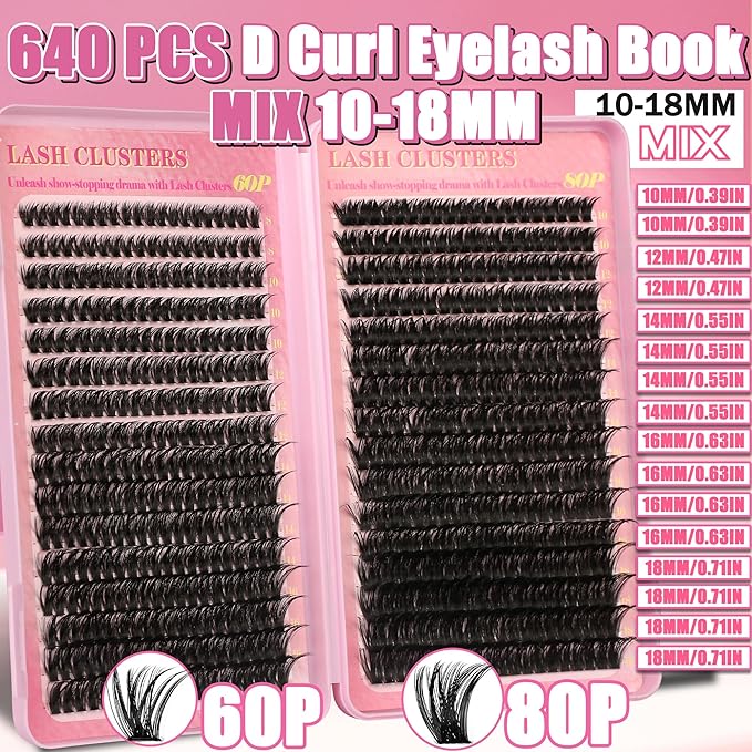 Gmagictobo Lash Extension Kit Lash Clusters Kit 640Pcs Volume Eyelash Clusters C Curl Lashes Clusters DIY Cluster Eyelash Extensions With Lash Bond and Seal Lash Tweezers