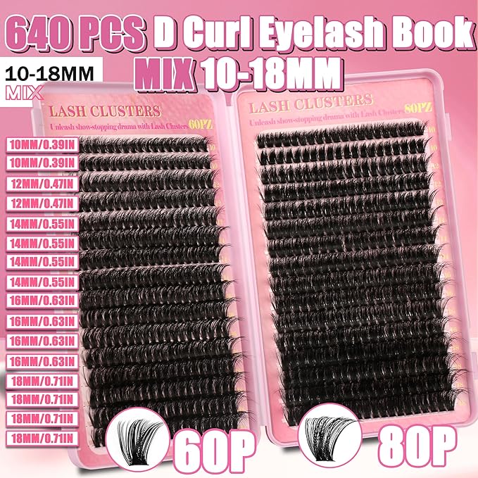 Gmagictobo Volume Lash Extension Kit Thick Cluster Eyelash Extensions 10-18MM Lash Clusters 640Pcs Individual Lash Extensions DIY Lashes Clusters with Lash Bond and Seal Lash Tweezers