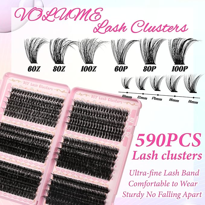 Gmagictobo Lash Clusters Volume Cluster Eyelash Extensions 590Pcs Eyelash Clusters DIY Lashes Clusters Lash Bond and Seal Lash Tweezers