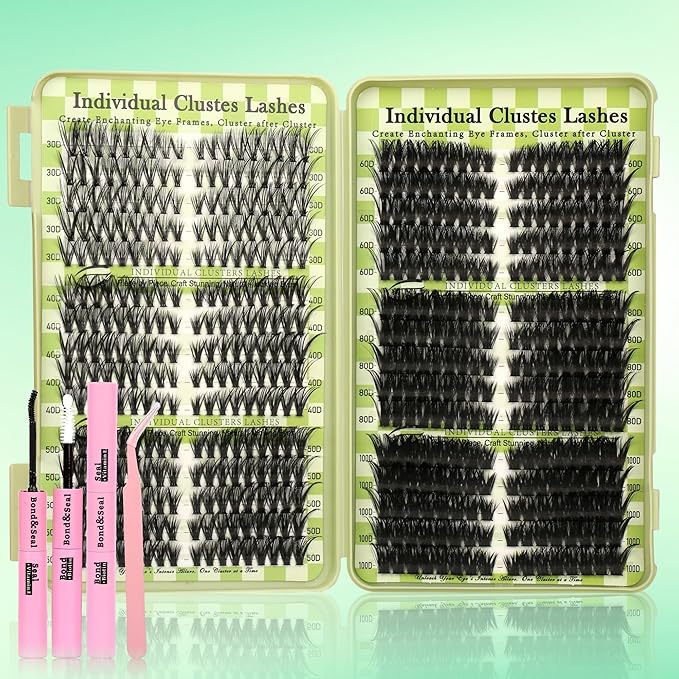 Gmagictobo Lash Clusters Cat Eye Lash Clusters Kit Volume DIY Individual Lashes Clusters Lash Extension Kit 530Pcs Thin Band Wispy Lash Clusters Lash Bond and Seal Lash Tweezers