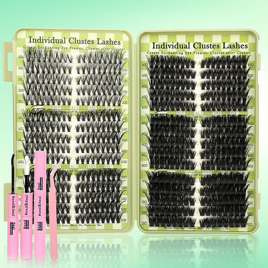Gmagictobo Lash Clusters Cat Eye Lash Clusters Kit Volume DIY Individual Lashes Clusters Lash Extension Kit 530Pcs Thin Band Wispy Lash Clusters Lash Bond and Seal Lash Tweezers