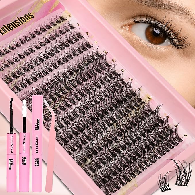 Gmagictobo Wispy Lash Clusters Natural Lash Clusters Kit C Curl D Curl Lashes Clusters 224Pcs Individual Lashes Lash Bond and Seal Lash Tweezers