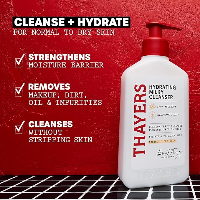 THAYERS Milky Hydrating Face Cleanser with Snow Mushroom, Hyaluronic Acid, Dermatologist Recommended Gentle Facial Wash, Hydrating Skincare for Dry, Sensitive Skin, Paraben Free, 8 FL Oz, Clear