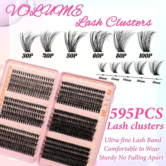 Gmagictobo Lash Clusters Kit Wispy Lash Clusters 595Pcs Individual Lashes Clusters Thin Band Lash Extension Kit Lash Glue and Lash Tweezers