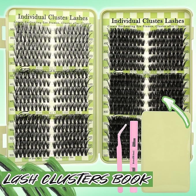 Gmagictobo Lash Clusters Cat Eye Lash Clusters Kit Volume DIY Individual Lashes Clusters Lash Extension Kit 530Pcs Thin Band Wispy Lash Clusters Lash Bond and Seal Lash Tweezers