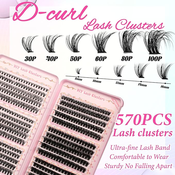 Gmagictobo DIY Lash Clusters Kit Volume Lash Clusters Thick Eyelash Extension Kit Individual Lashes Thin Band Lashes Clusters Lash Bond and Seal Lash Tweezers