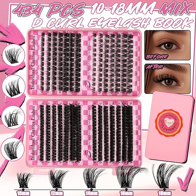 Gmagictobo Lash Clusters Wispy Lash Clusters Kit Volume Cluster Eyelash Extensions 434Pcs Eyelash Clusters DIY Lashes Clusters Lash Bond and Seal Lash Tweezers