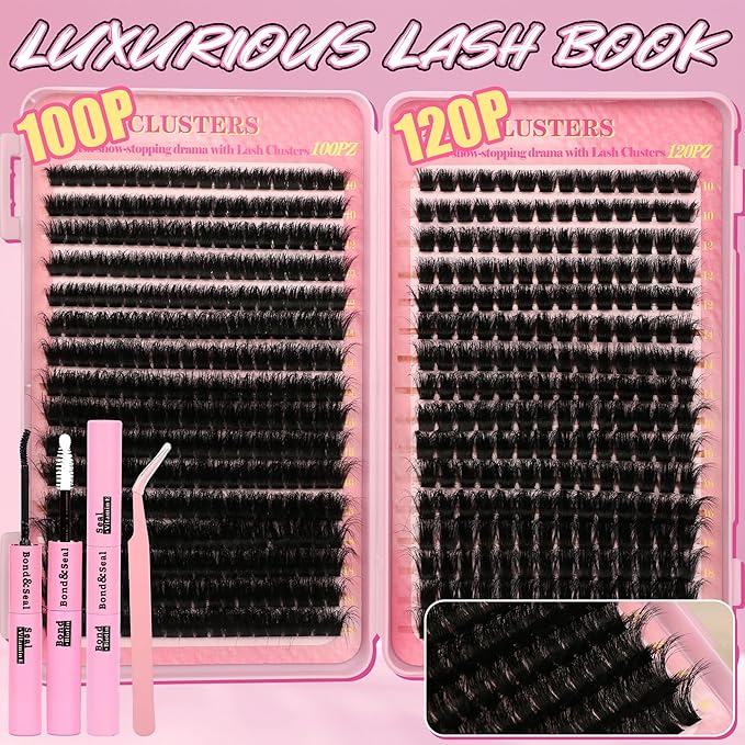 Gmagictobo Cluster Eyelash Extensions Wispy Lash Clusters Kit 544Pcs Volume 100D 120D Eyelash Clusters D Curl Lashes Clusters DIY Individual Lashes Clusters Lash Cluster Glue Lash Tweezers