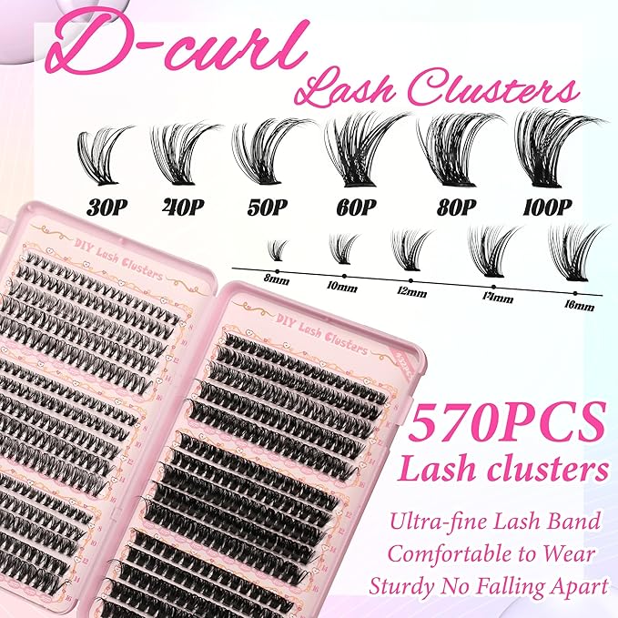 Gmagictobo Lash Clusters DIY Lash Clusters Kit Volume Lash Extension Kit 570Pcs Individual Lashes Clusters Thin Band Eyelash Extension Kit Lash Bond and Seal Lash Tweezers
