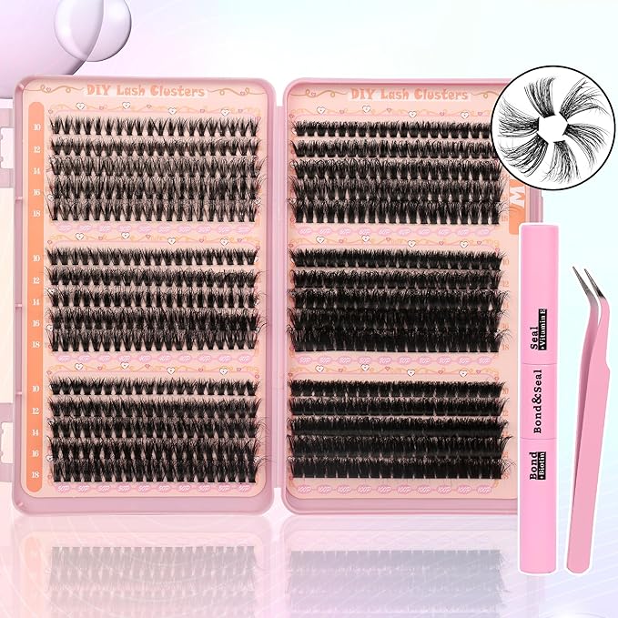 Gmagictobo Lash Clusters Kit Wispy Lash Clusters 595Pcs Individual Lashes Clusters Thin Band Lash Extension Kit Lash Glue and Lash Tweezers