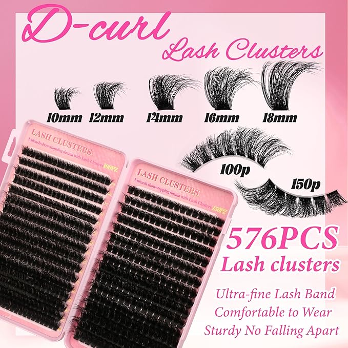 Gmagictobo Lash Clusters Kit 560Pcs Cluster Eyelash Extensions Volume 100D 150D Eyelash Clusters D Curl Lashes Clusters DIY Individual Lash Clusters Eyelash Glue Lash Tweezers