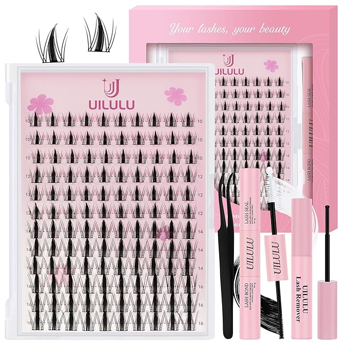 Lash Clusters Kit 10-16mm Natural Lashes Clusters D Curl False Eyelash Clusters, DIY Lash Extension Kit with Lash Bond & Seal, Lash Glue Remover, Lash Tweezers(U07 Lash Kit)